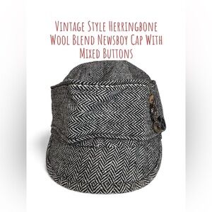Vintage Style Herringbone Wool Blend Newsboy Cap With Mixed Buttons